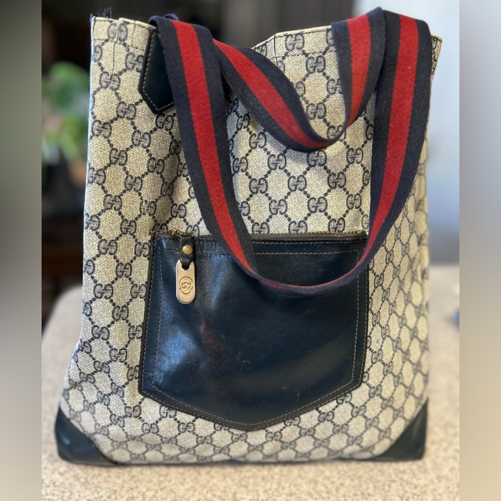 Authentic GUCCI Tote Bag PVC Leather Navy Vintage
